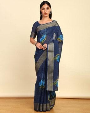 floral woven saree with contrast border