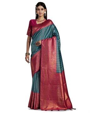 floral woven saree with contrast zari border & tassels