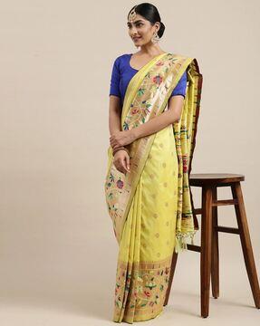 floral woven saree with contrast zari border & tassels