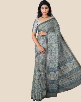 floral woven saree with contrast zari border