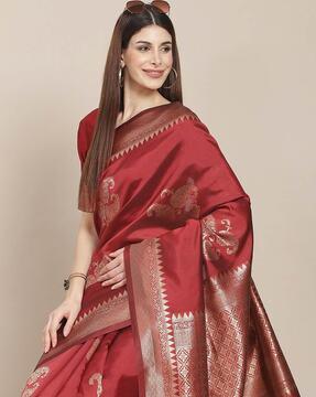 floral woven saree with contrast zari border