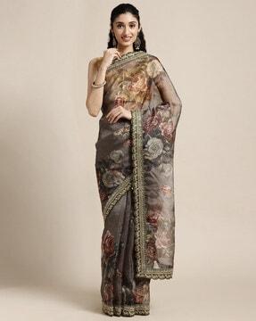 floral woven saree with sequined border