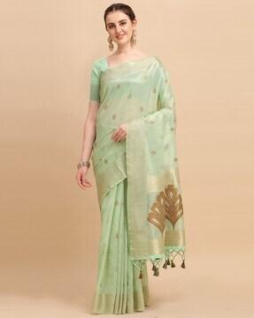 floral woven saree with tassels