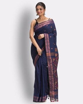 floral woven saree with tassels