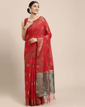 floral woven saree with tassels