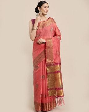 floral woven saree with tassels