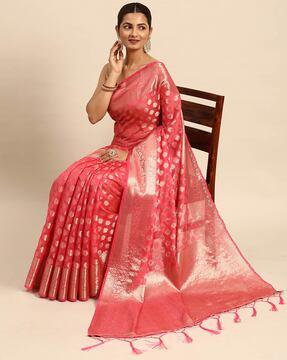 floral woven saree with tassels