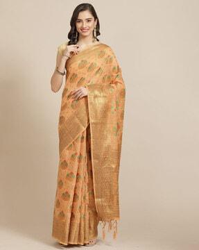 floral woven saree with tassels