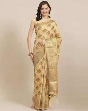 floral woven saree with tassels