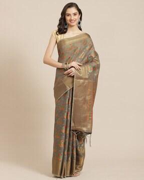 floral woven saree with tassels