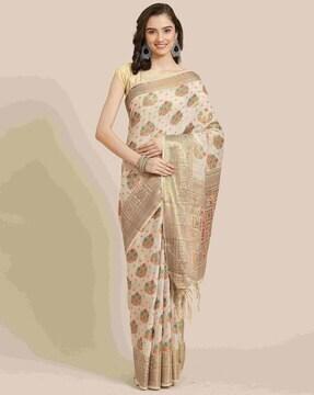 floral woven saree with tassels