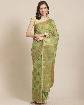 floral woven saree with tassels