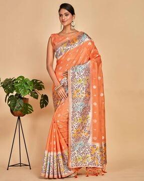 floral woven saree with tassels