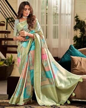 floral woven saree with tassels