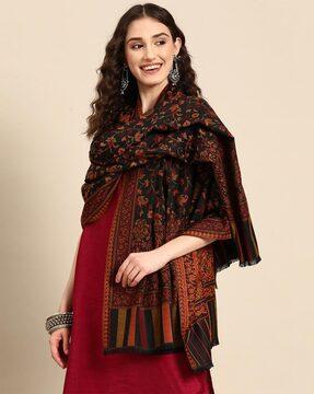 floral woven shawl with contrast border