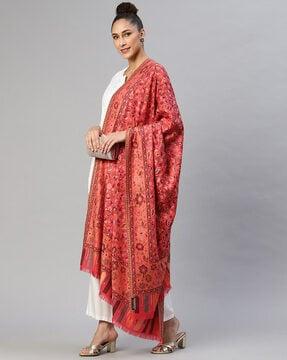 floral woven shawl with frayed hem