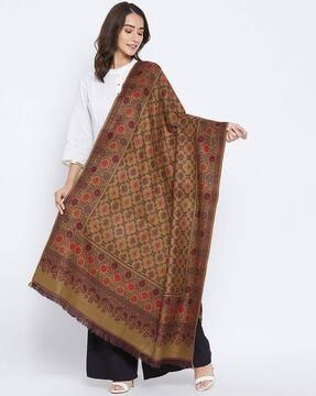 floral woven shawl with fringed border