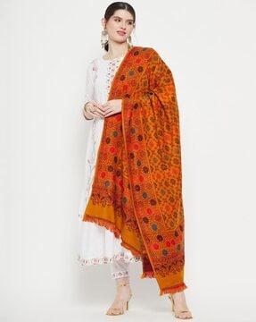 floral woven shawl with fringed hem