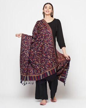 floral woven shawl with tassels