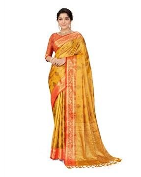 floral woven silk saree with tassels