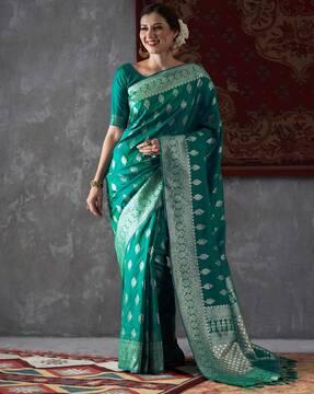 floral woven silk saree with tassels