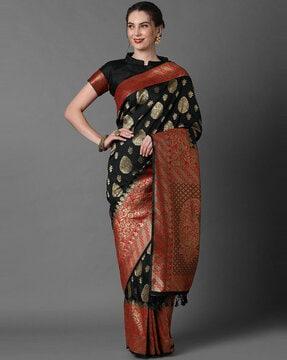 floral woven silk traditional saree with tassels