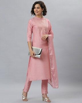 floral woven straight kurta set with dupatta