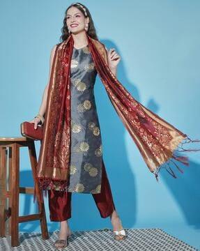 floral woven straight kurta suit set