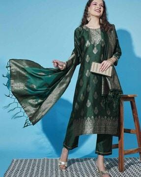 floral woven straight kurta suit set