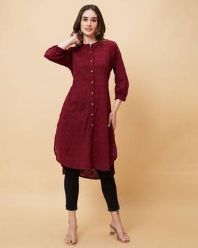 floral woven straight kurta with high-low hem