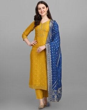 floral woven straight kurta with pants & dupatta