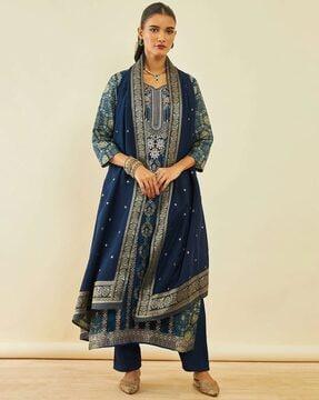 floral woven straight kurta with pants & dupatta