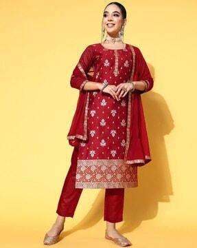 floral woven straight kurta with pants & dupatta