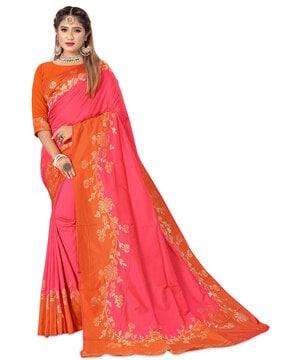 floral woven traditional saree with contrast border