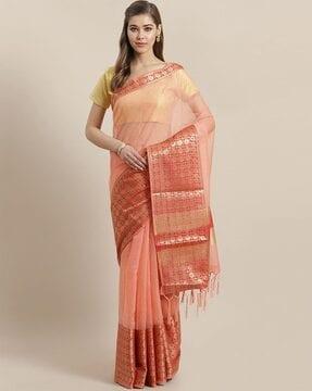 floral woven traditional saree with tassels