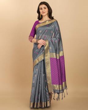 floral woven traditional saree with tassels