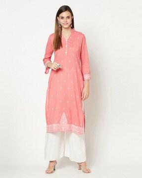 floral woven v-neck straight kurta