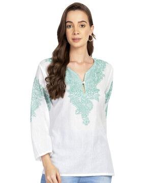 floral woven v-neck straight tunic