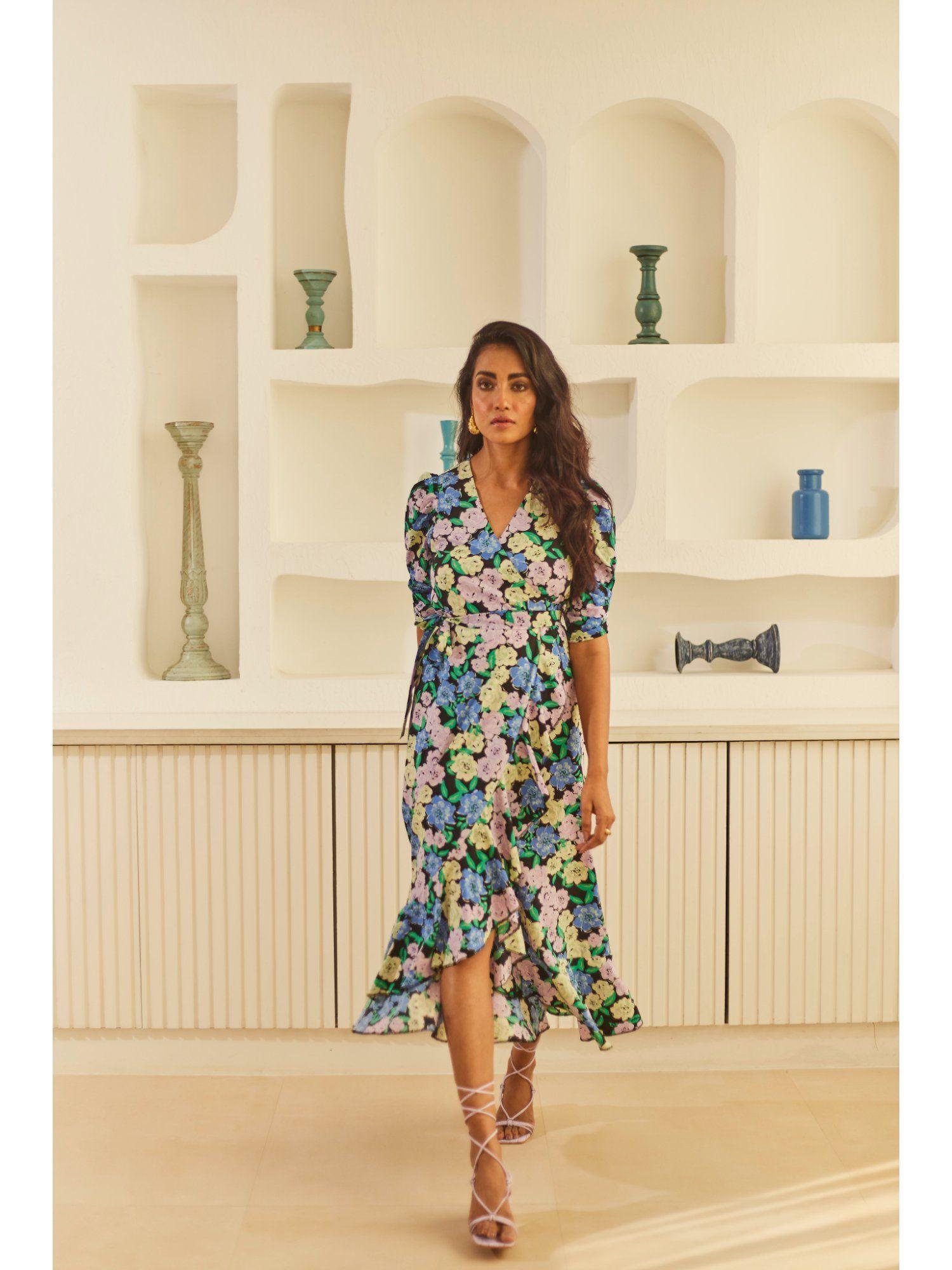 floral wrap dress with flounce hem