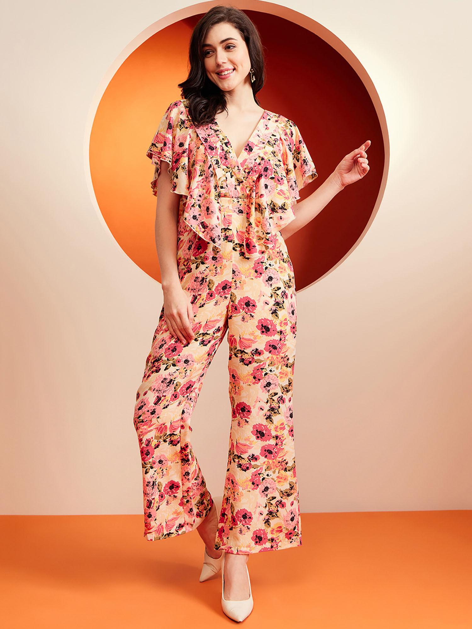 floral wrap neck ruffled trim jumpsuit