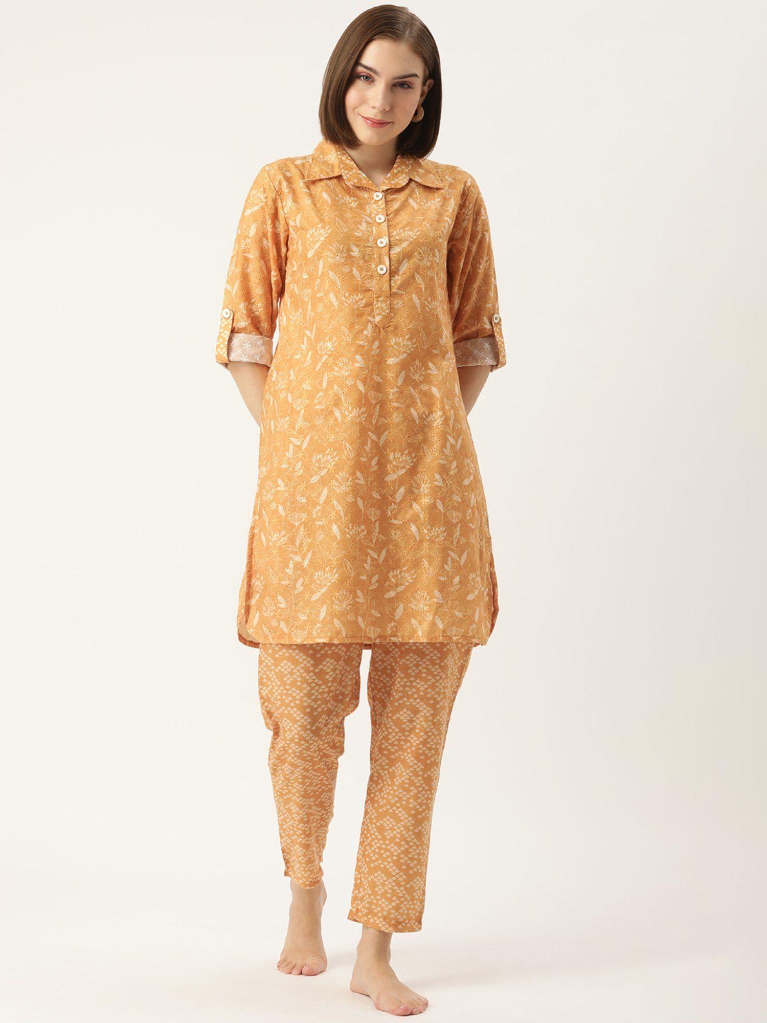 floral yellow kurta & pyjama (set of 2)