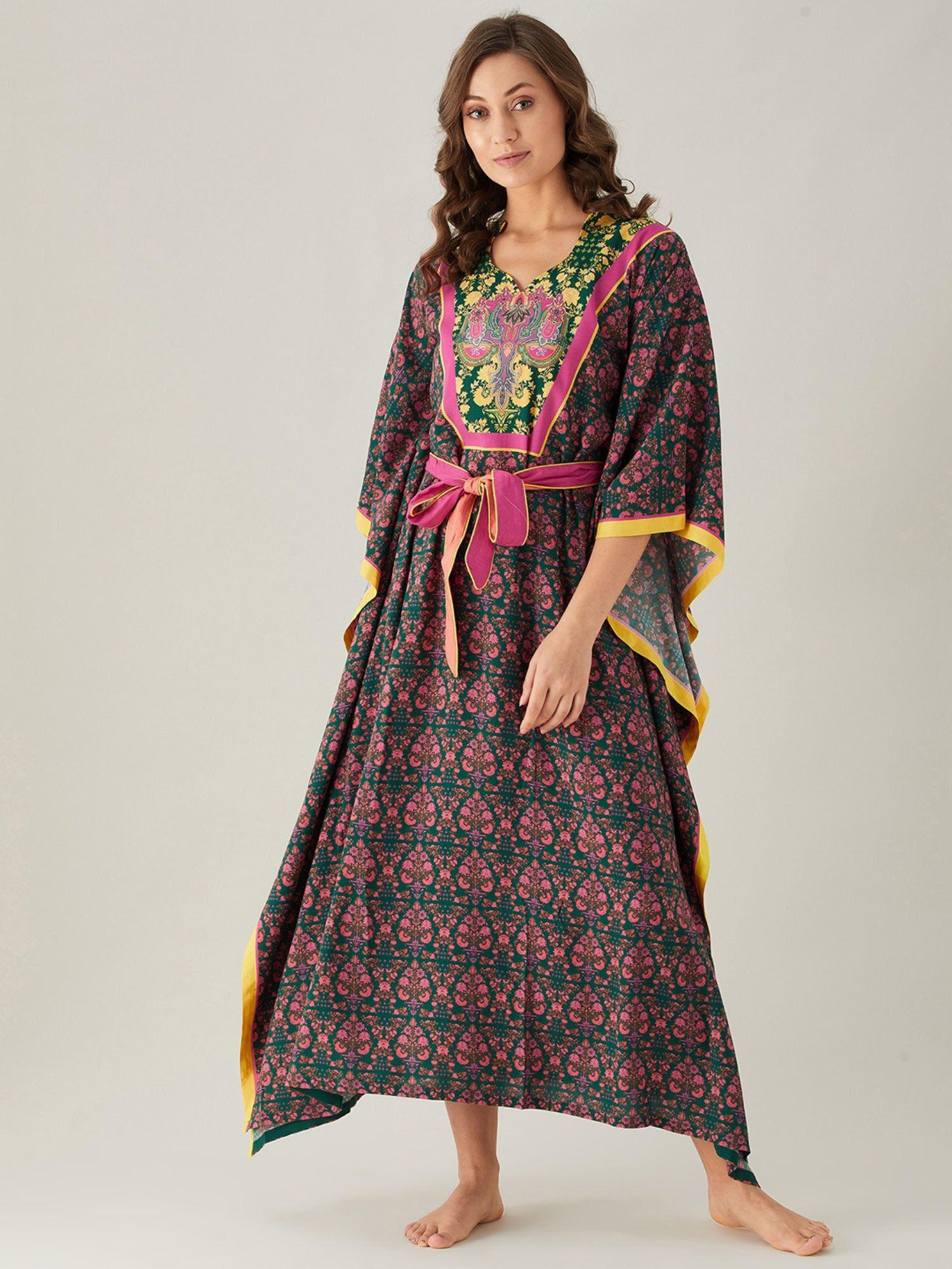 floral yoke soft modal kaftan with belt