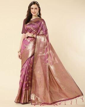 floral zari woven saree with tassels & unstitched blouse piece