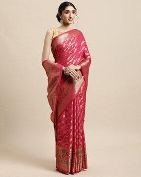 floral zari woven saree with unstitched blouse piece