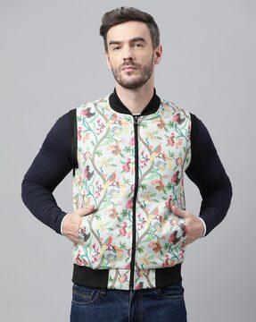 floral zip front sleevless bomber jacket