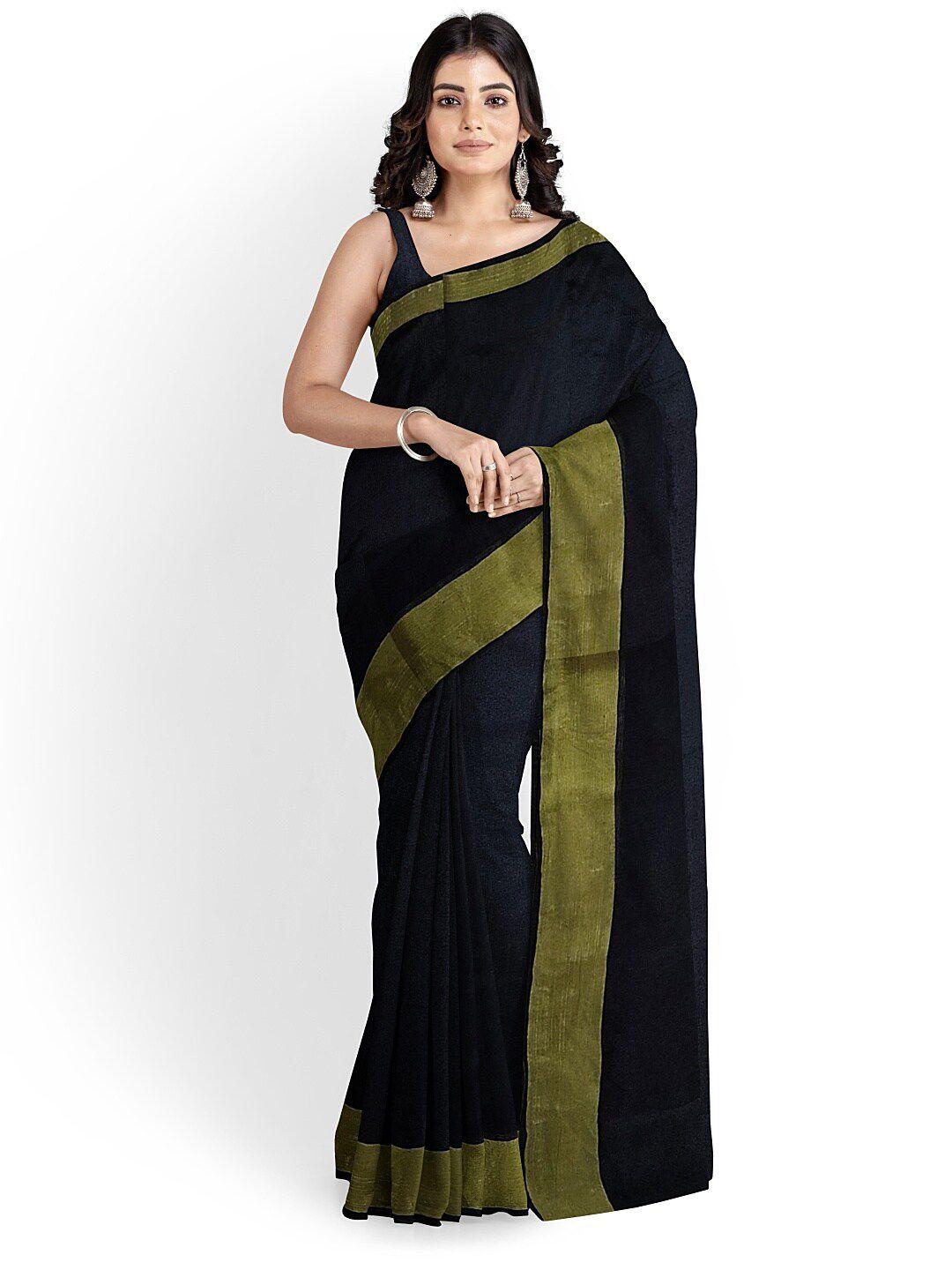 florence black & green silk cotton plain saree