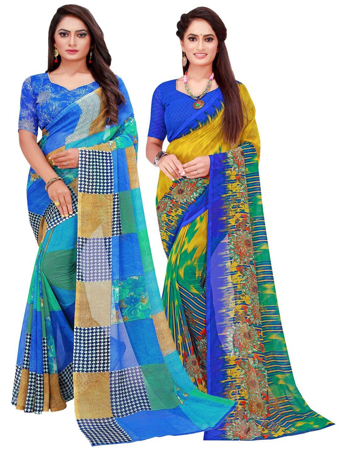 florence blue & green printed pure georgette saree