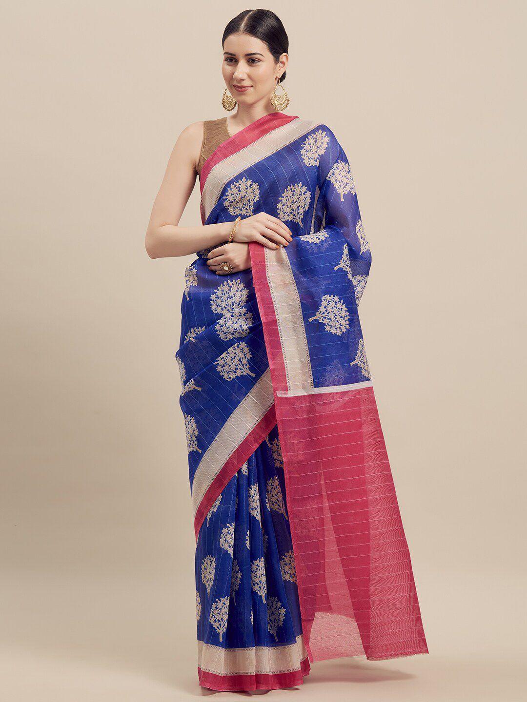 florence blue & pink floral art silk saree