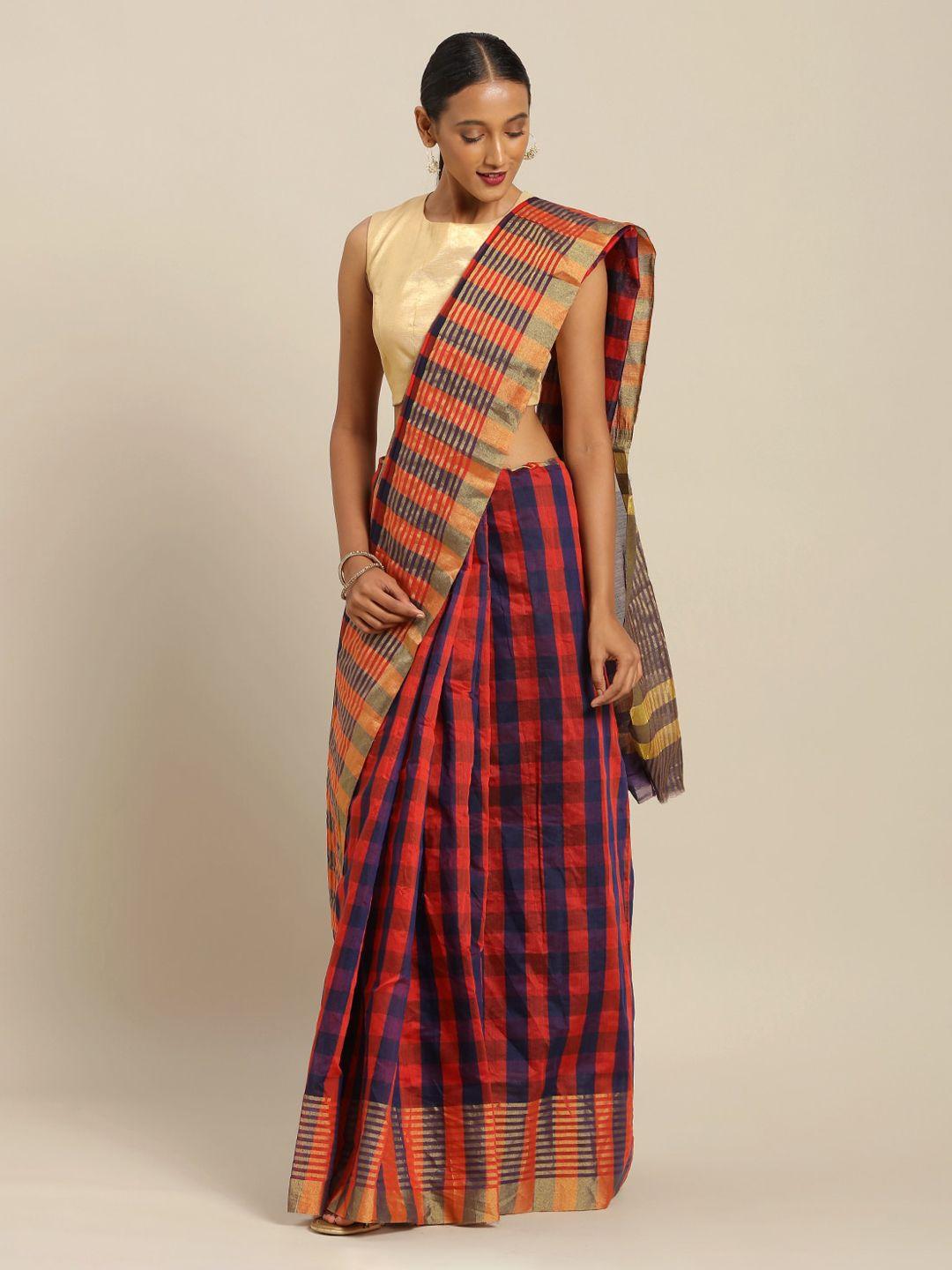 florence blue & red art silk checked saree