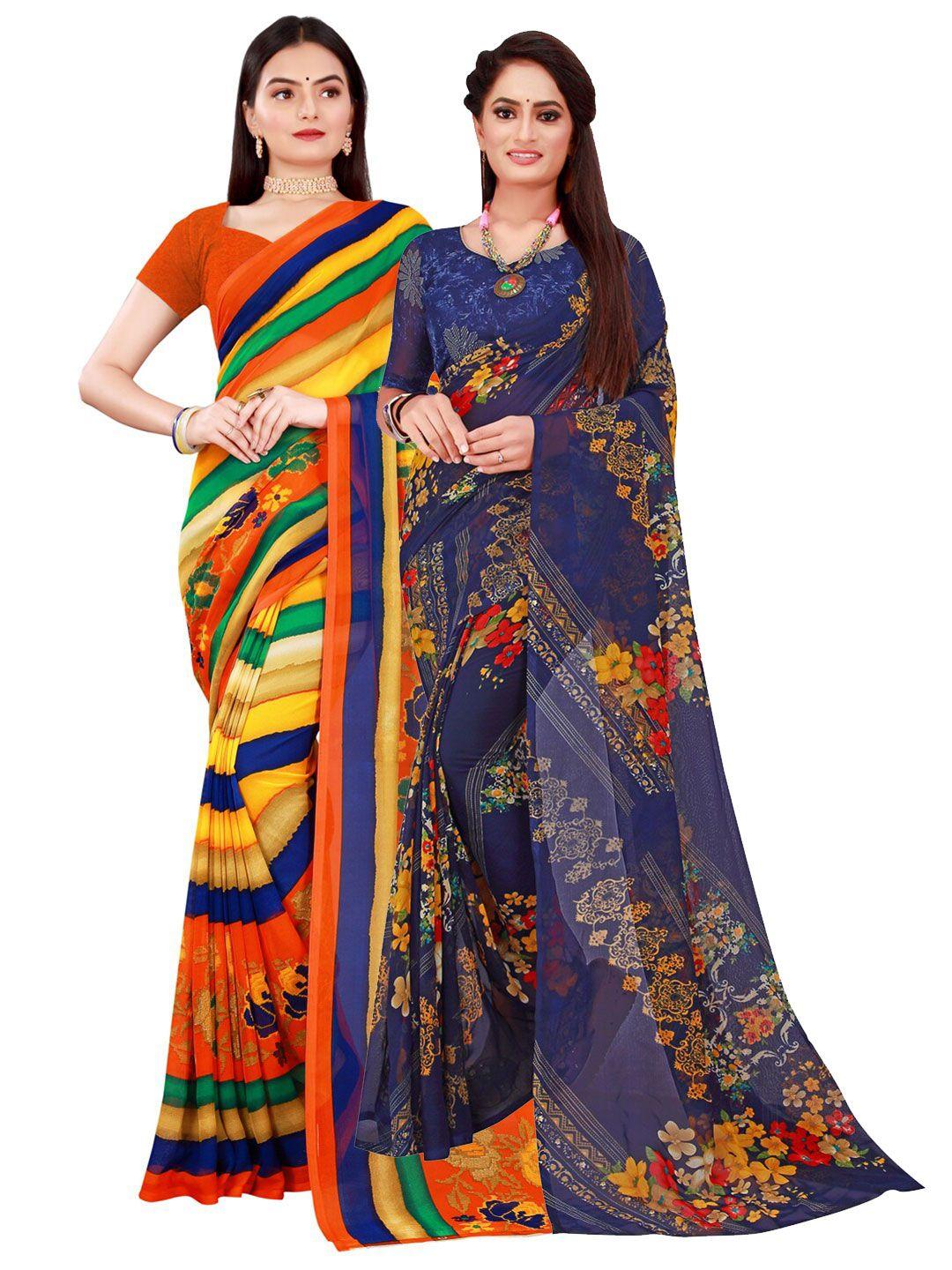 florence blue & red pack of 2 printed pure georgette saree